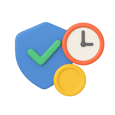 Shield, clock, and coin symbol