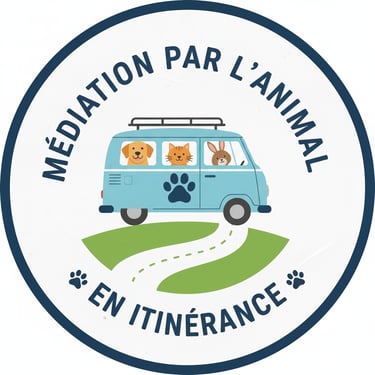 un van avec un chien, un chat, un lapin au milieu de la nature