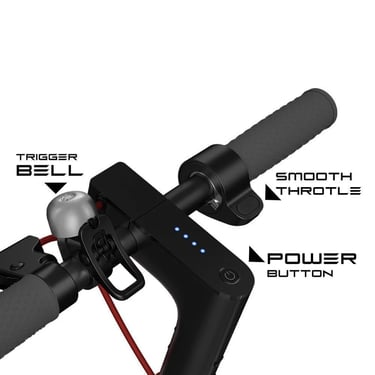 "Close-up view of Red Wheels electric scooter handlebar showcasing a trigger bell, smooth throttle g