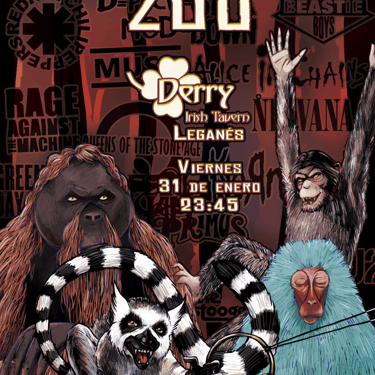Cartel para eventos de conciertos de ApeZoo. Obra digital. Válido para varios formatos de redes sociales e impresión.