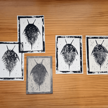 Hoja de Roble y Trilobites, grabados de linóleo en tamaño carta en diferentes colores y cartulinas.