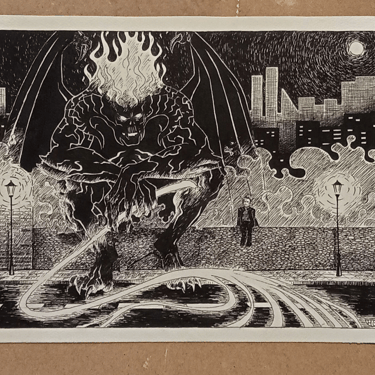 Balrog en la ciudad. Rotuladores calibrados en papel Ingres A4.