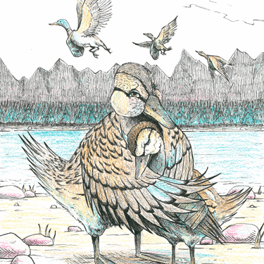 Ilustraciones para el cuento infantil La Patita Gris de Mamin-Sibiryak. Lápices de colores y rotuladores calibrados.