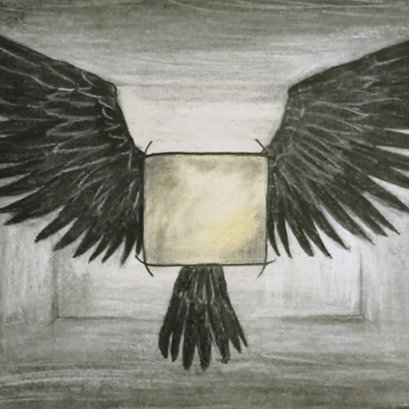 El pájaro que no podía ser cuadrado, dibujo A4 con carboncillo, rotulador calibrado y lápices de colores.