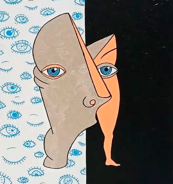 Autorretrato, acrílico y posca en tabla preparada 30 x 41 cm.