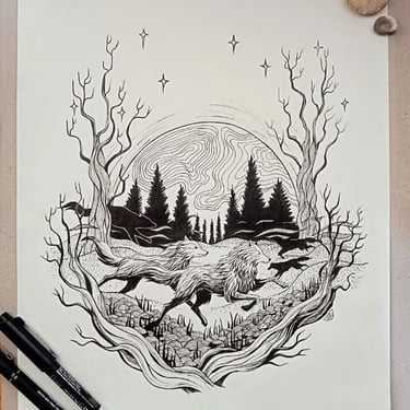 Lobos corriendo. Rotuladores calibrados en papel Ingres A4.