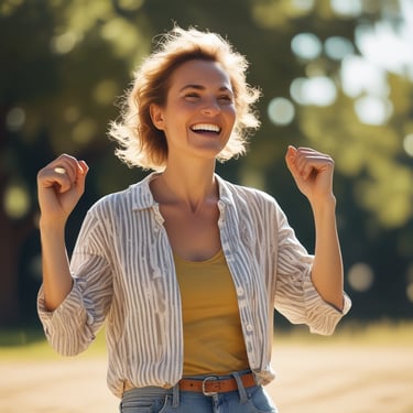 A person is seated on the ground in a meditative pose, holding a red-tipped percussion mallet to their forehead. They are wearing a beige shirt and loose blue patterned pants. In front of them, a large singing bowl is placed on the ground. The background features a clear blue sky and some green trees.