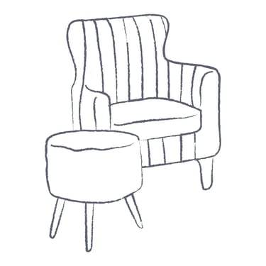 Line drawing of a modern wingback armchair with a matching ottoman footstool.