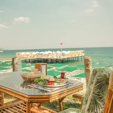 Turkish Mediterranean food on a table by the beach