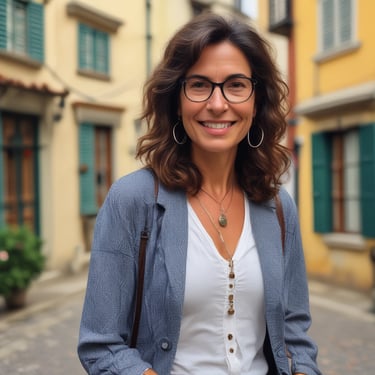 a woman with glasses and a necklace on her neck