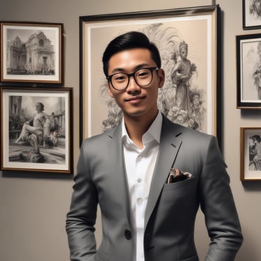 A person stands in front of a diverse collection of paintings displayed on an outdoor wall. The artworks vary in style, depicting scenes such as cityscapes, people, and still lifes with flowers. The person appears to be observing the art closely.