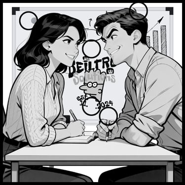 a man and woman sitting at a table with a clock