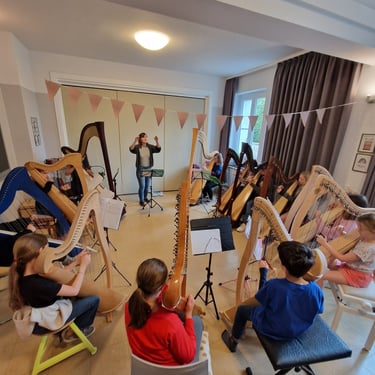 clara Busemann steht vor vielen Harfenspielern und Dirigiert. Es sind Harfenspieler von jung bis als dabei