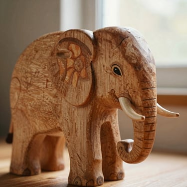 Macro shot of a hand-painted wooden elephant toy showing fine wood grain and natural vegetable dye brushstrokes, warm directional light.