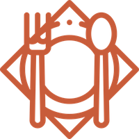 Ícono de plato con cubiertos en color naranja, representando servicio de comida para eventos.