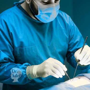 a man in a blue shirt and gloves is doing surgery