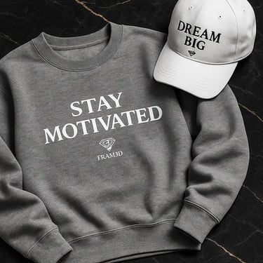 gray crewneck and hoodie and cap with motivational sentence