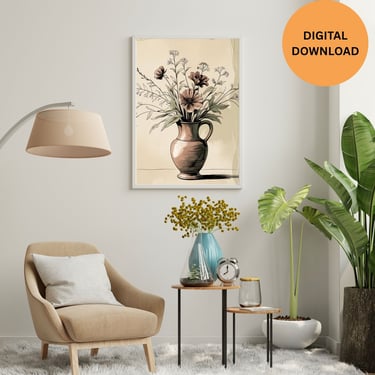 wall art on display with chair a clock and a vase with flowers