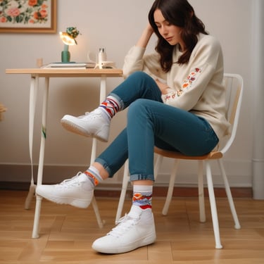 A person is wearing white socks with a colorful embroidered design along with white sneakers. The person is seated, and their legs are resting on a footrest under a table. The lighting creates a warm, cozy atmosphere.