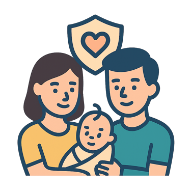 cliente life planner Prudential de seguro de vida | a family with a baby in a heart shaped shield