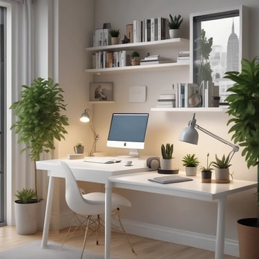 A workspace is illuminated by natural light streaming through blinds, casting striped shadows on the wall. A computer monitor displays an application, surrounded by lush potted plants. The atmosphere is cozy and warm, with a mix of technology and nature.
