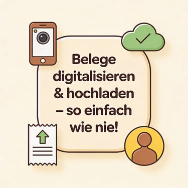 Icon: „Belege digitalisieren und hochladen“ mit Smartphone, Quittung, Upload-Pfeil, Cloud und Haken in Pastellfarben