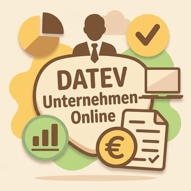 Icon: „DATEV Unternehmen-Online“ mit Diagrammen, Euro, Haken in Pastell – online Buchführung.