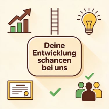 Deine Entwicklungschancen bei uns“ mit Pfeil, Glühbirne, Zertifikat und Team in Pastellfarben – motivierende Karrierewege.