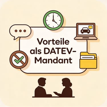 Icon: „Vorteile als DATEV-Mandant“ mit Chat, Uhr, Laptop-Freigabe, Silhouetten und Haken in Pastell
