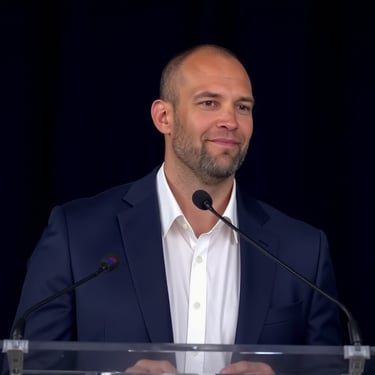 Matti Kesti in a suit is standing at a podium