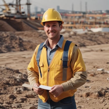 A person wearing a red hard hat and red protective workwear can be seen from behind. The helmet has a 'Safety First' sticker, emphasizing workplace safety. The person appears to be outdoors, and there is a green, blurred background, suggesting a construction or industrial setting.