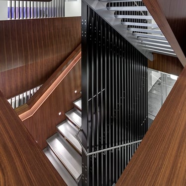 Metal aesthetic office stairs, with central feature, by Pengelly Iron Works