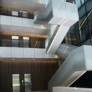 Elementary Teachers Federation Ontario offices showing beautiful frosted glass feature stairs, made by Pengelly Iron Works