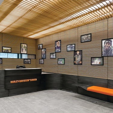 High-res front desk of Harley Davidson, with metal desk and features made by Pengelly