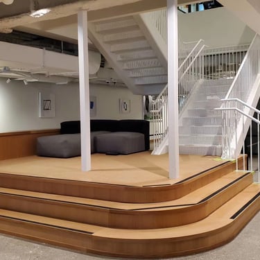 White metal office stairs with interesting grate pattern design, built by Pengelly Iron Works
