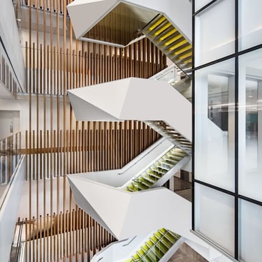 Portrait photo showing the other green modern feature stairs at Deloitte, by Pengelly Iron Works