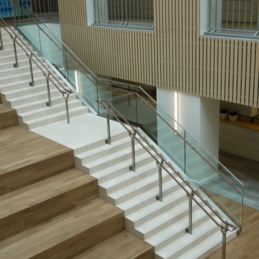 Modern bleacher stairs also at Roche head office, by Pengelly Iron Works
