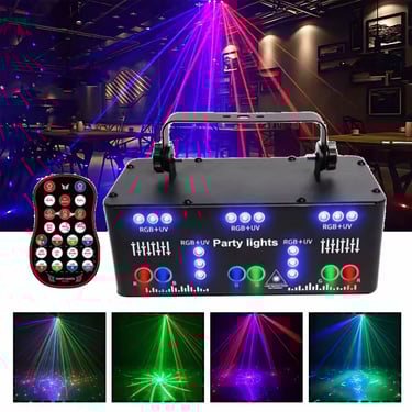 Portable RGB UV party laser light with remote control projecting colorful beams for DJ disco events.