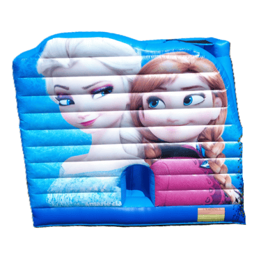 Blue Frozen themed bounce house featuring Elsa and Anna graphics for children's party rentals.
