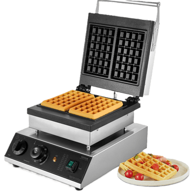 Professional commercial waffle maker with dual non-stick plates baking golden Belgian waffles.