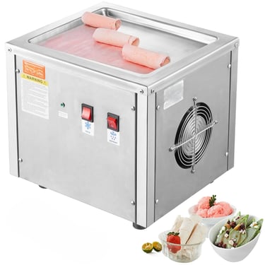 Stainless steel commercial rolled ice cream machine with frozen treats on a flat cooling plate.