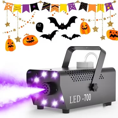 LED fog machine with purple smoke and festive party decorations.