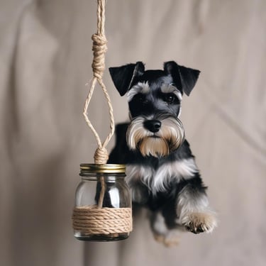 a dog sitting behind a scent jar