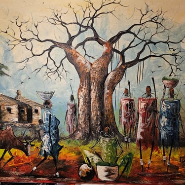 Maasai village life artwork, acrylic on canvas