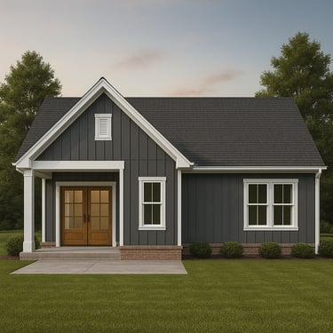 Back view of 1-story 3D rendering of upcoming build in Wimberley, TX