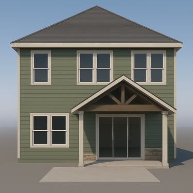 Rear exterior 3D rendering of 2-story future project in Texas Hill Country