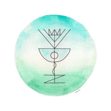 Healing sigil in ink and watercolour by Sarah Overdale, in tear colour with cup-like shapes