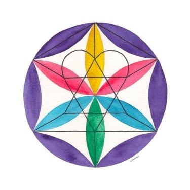Love sigil in ink and watercolour, by Sarah Overdale, featuring seed of life, heart, and hexagram