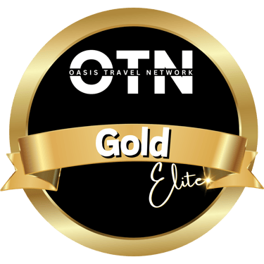 Oasis Travel Network Gold Elite member seal with a black circle and metallic gold ribbon.