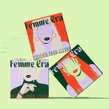Vista general de los diferentes diseños de empaque de Femme Era, incluyendo cajas y bolsas, todos coherentes con la identidad